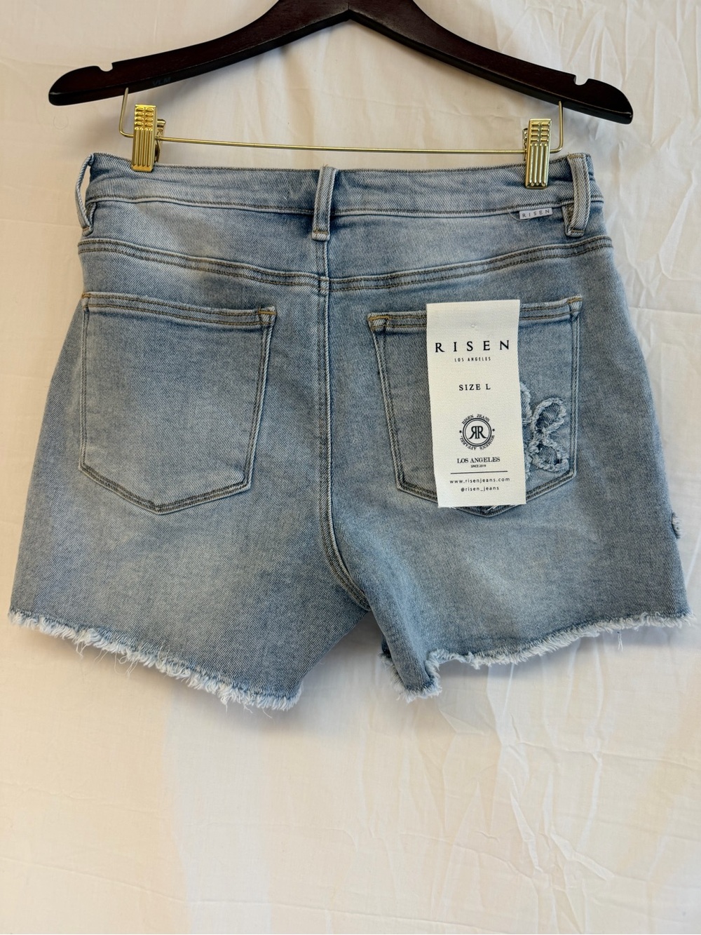 Risen Light Blue Embroidered Floral Frayed Hem Denim Shorts - Picture 2 of 5
